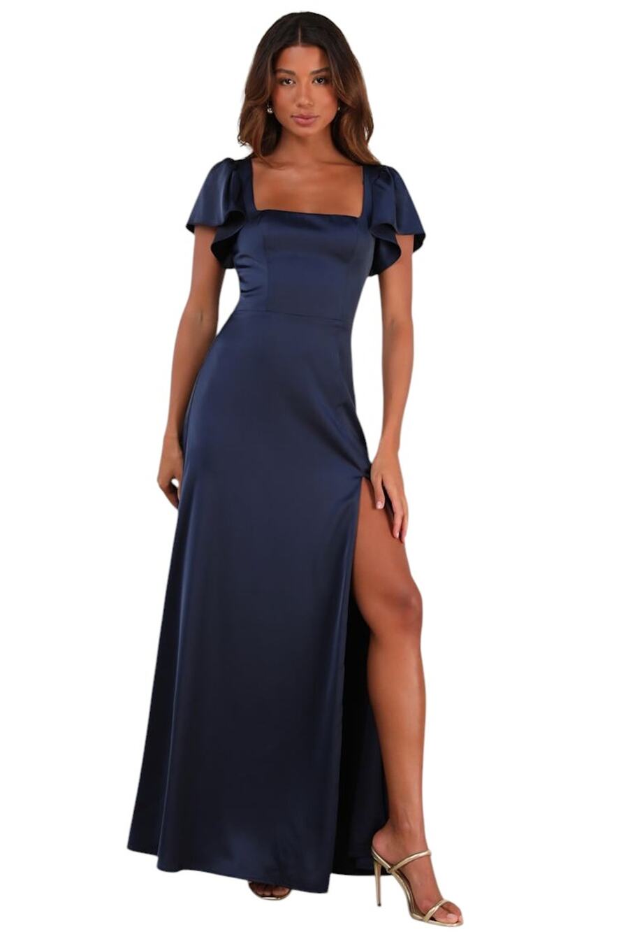 Lulus Ultimate Sweetness Navy Satin Flutter Sleeve Maxi Dress size XL NWT